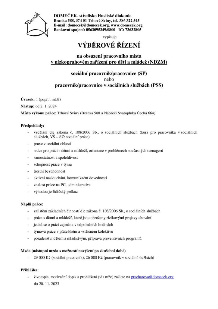 Výběrové řízení NZDM Od Ledna 2024